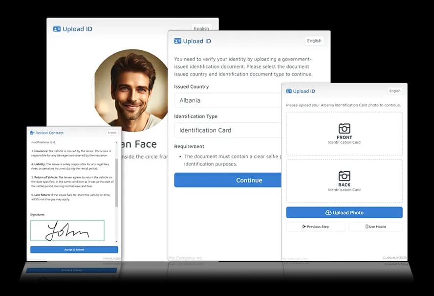 DocuPass 3.0 verification flow — document upload, selfie capture with liveness check, and eSignature review