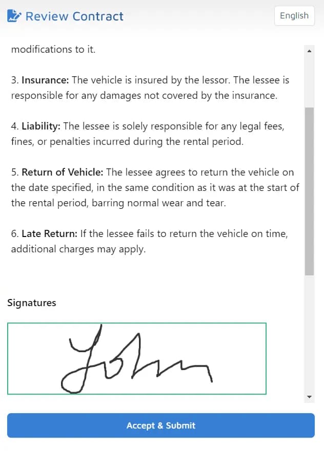 DocuPass "Review Contract" step with an eSignature pad