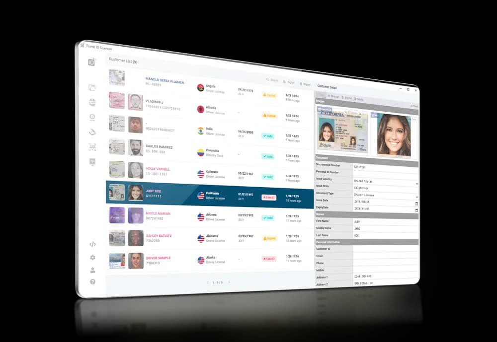 Prime ID Scanner desktop app — customer verification list with fake-ID detection and document detail panel